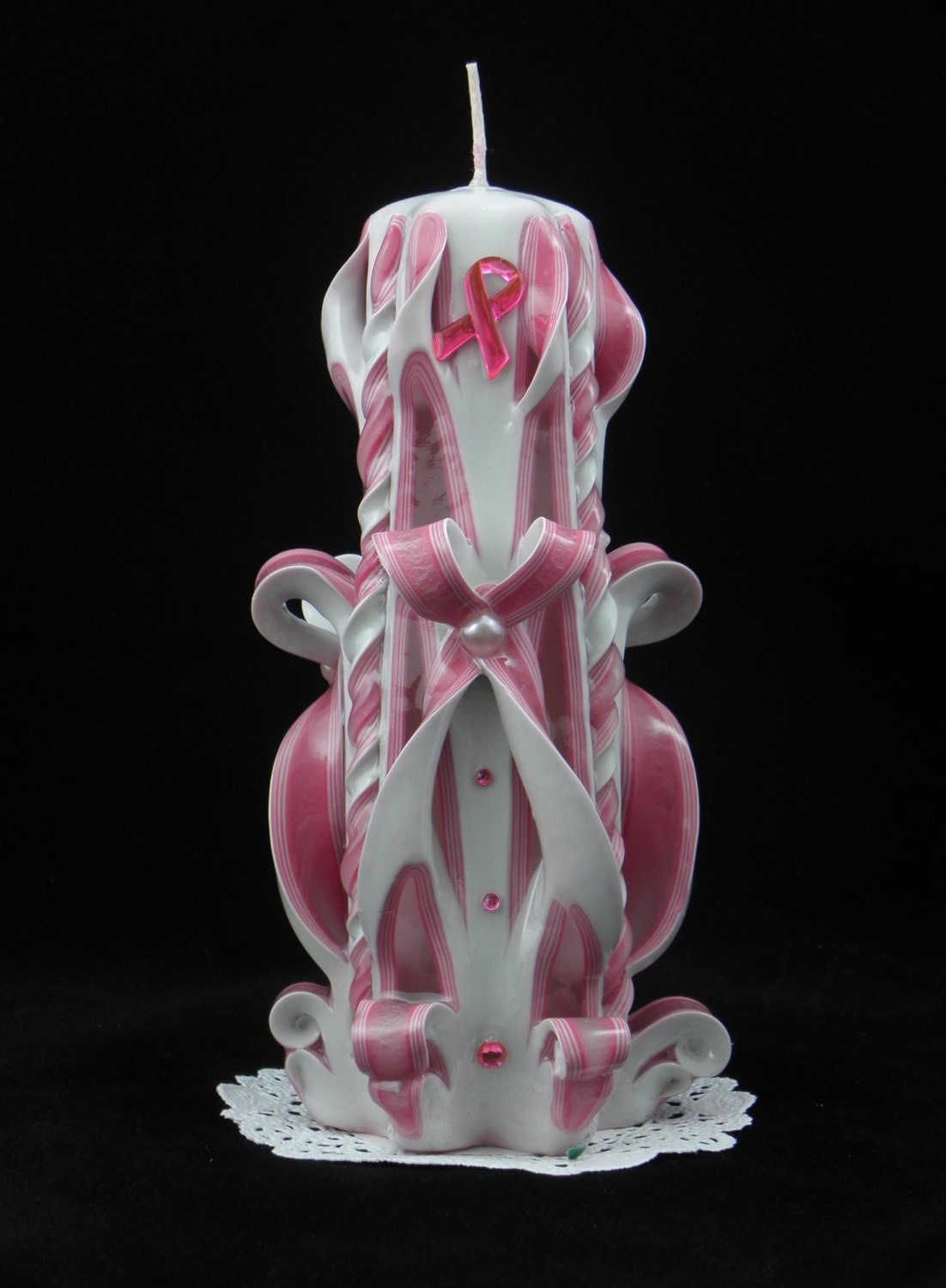 Hand Carved Candle Pink & White Bow Carve with Pink Ribbons