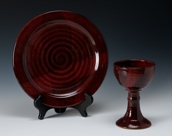 Custom-made Wheel-thrown pottery chalice and communion plate set