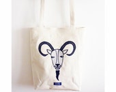 Goat canvas tote shopper bag beige applicated ram sheep aries ox