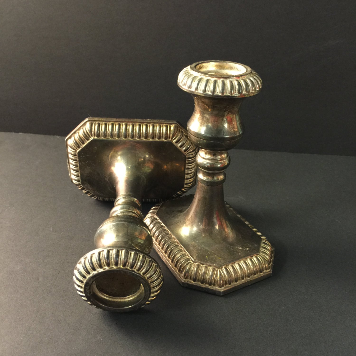 2 Antique Silver Plate Candle Holders Old