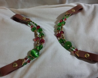 Green, Red, Gold PAIR of One-Ear Bling “Browband” Earpieces for Western headstalls. Any color leather.
