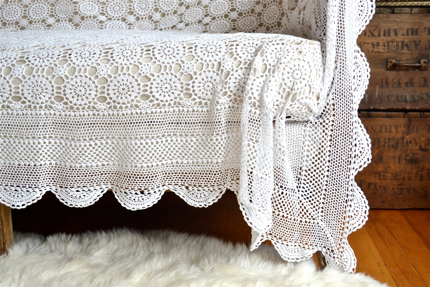 Vintage hand crocheted lace Bed CoverletLarge by Anniesimages