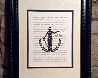 Attorney - Lawyer Gift - Set of 4 Prints - Scales of Justice, Gavel, Supreme Court Bldg & Lady Justice superimposed over legal Latin tems