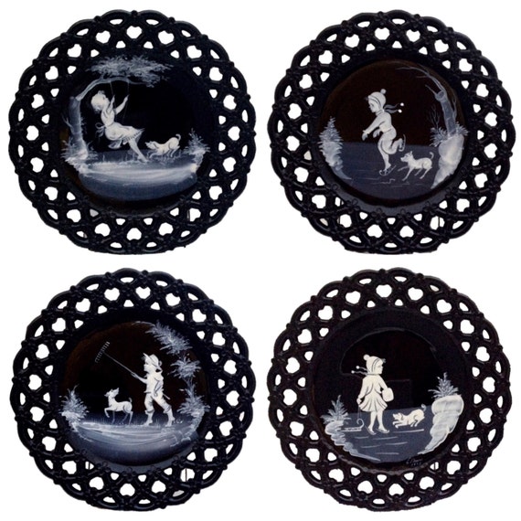 Set of 4 Vintage Westmoreland Mary Gregory Black Milk Glass