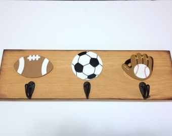 Boys Sports Room 3 Wall Hooks Football Soccer Baseball Sports Wall Decor Kids Wall Hooks