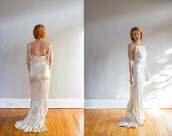 1920's Ivory Liquid Silk Satin and Rhinestone Formal Gown / Wedding / XS