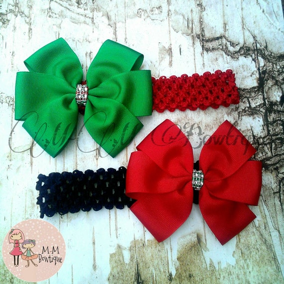 Items similar to Christmas hairbow on baby headbands red and green bows ...