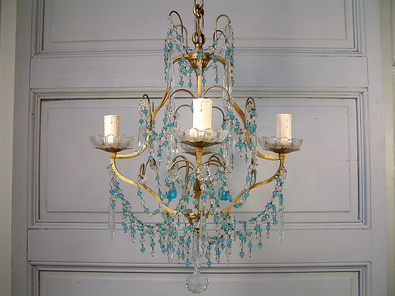 French vintage bronze and glass prism chandelier. Crystal