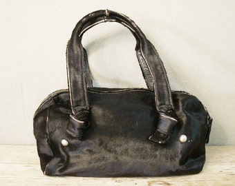 Vintage Bag, Women Bag, Duffle Bag, Women Handbag, Vintage Viva Handbag of California, Black Cow Hair, Leather Bag, Made in U.S.A.