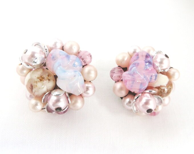 Vintage Japan Pink Cluster Earrings, Faux Pearl Bead & Art Glass Clip-ons