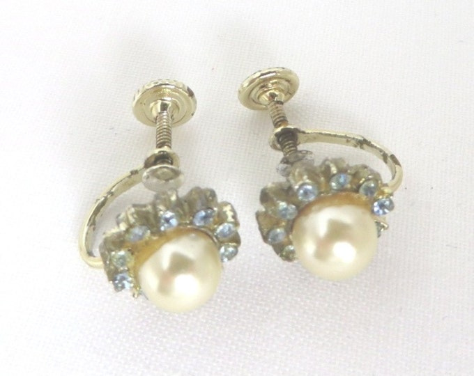 Vintage Faux Pearl Rhinestone Earrings, Silver Tone Screw Back Earrings Bridal Jewelry, Gift for Her