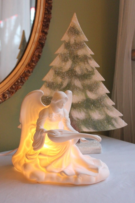 Angel Night Lamp or Christmas Decor. White Porcelain Guardian