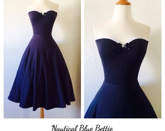 ... Navy Blue Pinup Party Dress, Nautical Navy Blue Rockabilly Semi Formal