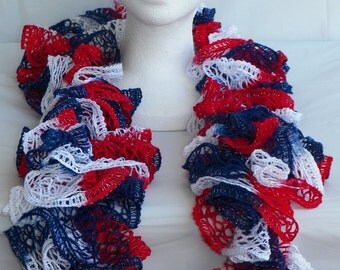 Patriotic - Crochet Ruffle Scarf - American Flag Colors - Fourth of July Celebration - Crochet Sashay Scarf - Ruffle Scarf - America