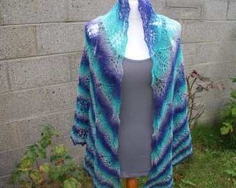 Hand knit triangular lace wool shawl
