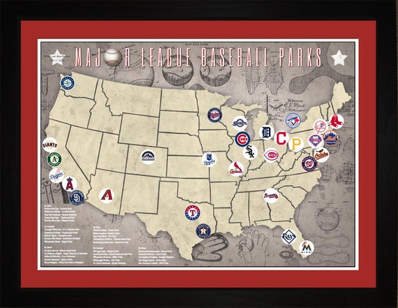 MLB Major League Baseball Parks Stadiums Pro Teams Tracking Location Map | Print Gift Wall Art ...