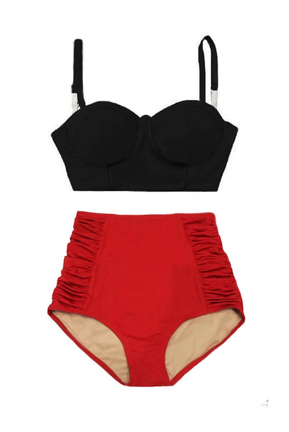 Black Block Midkini Top and Red Ruched High-waist Waisted