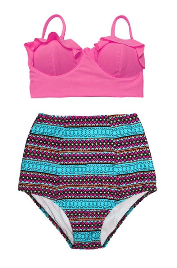 Pink Midkini Top and Graphic High-waist Waisted Waist Pinup