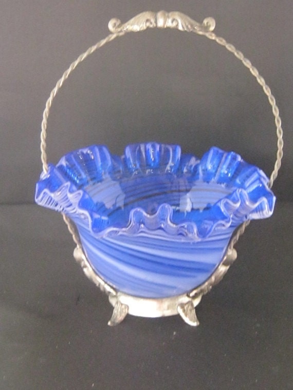 REDUCED Antique Victorian Brides Basket With A Blue Swirl