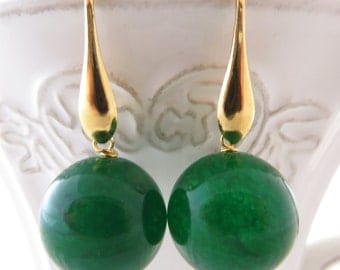 Green jade earrings, green emerald earrings, gemstone earrings, dangle earrings, golden sterling silver 925 earrings, gemstone jewelry
