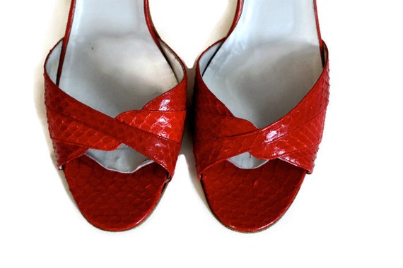Designer Red Italian 1980s Snake Skin Sandals by Fashioncosas