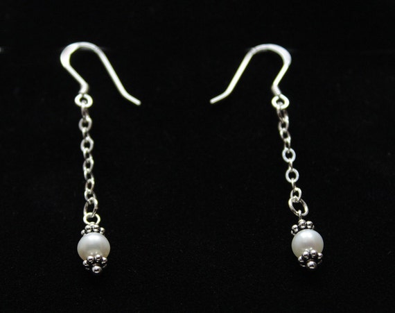 Pearl and Silver Earrings Pearl and Chain Earrings Sterling