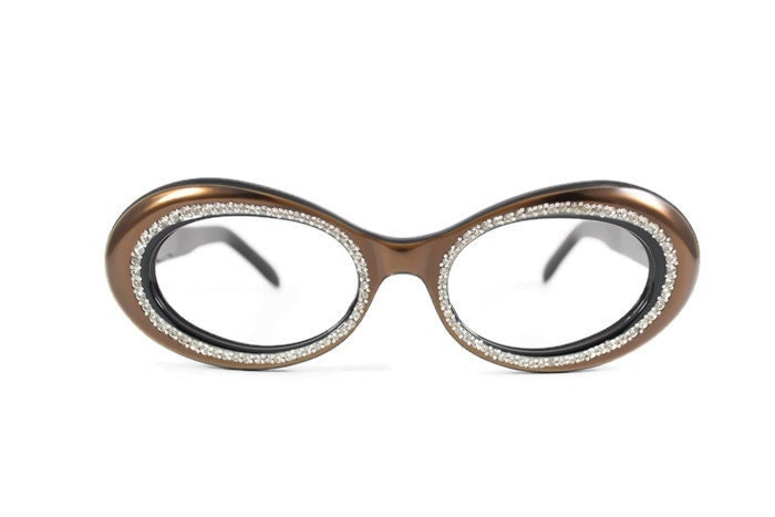 60s Vintage Eyeglasses 1960s Bronze Oval Jeweled Glasses