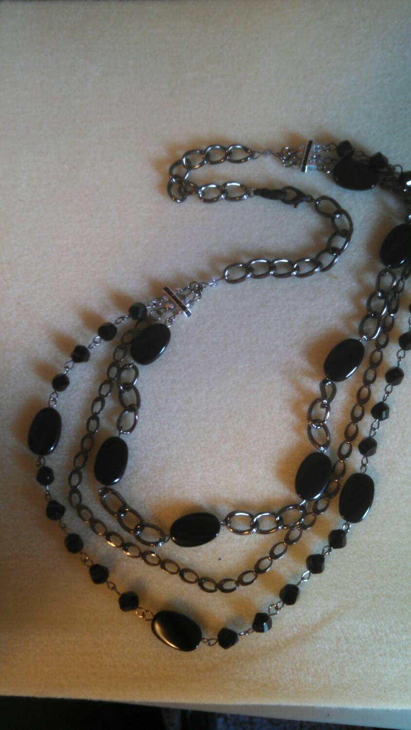 Twisted black beads and gunmetal chain necklace by LadyIceDesigns