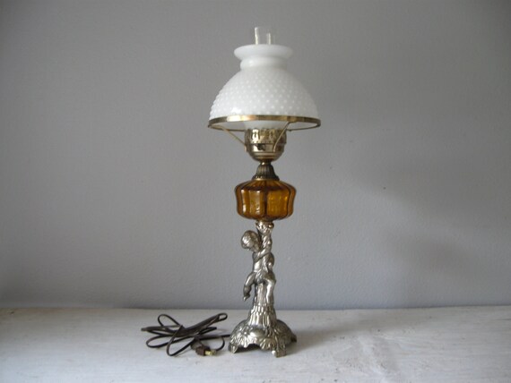 lamp Glass Milk Lamp, Vintage  Glass Lamp, glass milk cherub Lamp Amber Lamp, Cherub