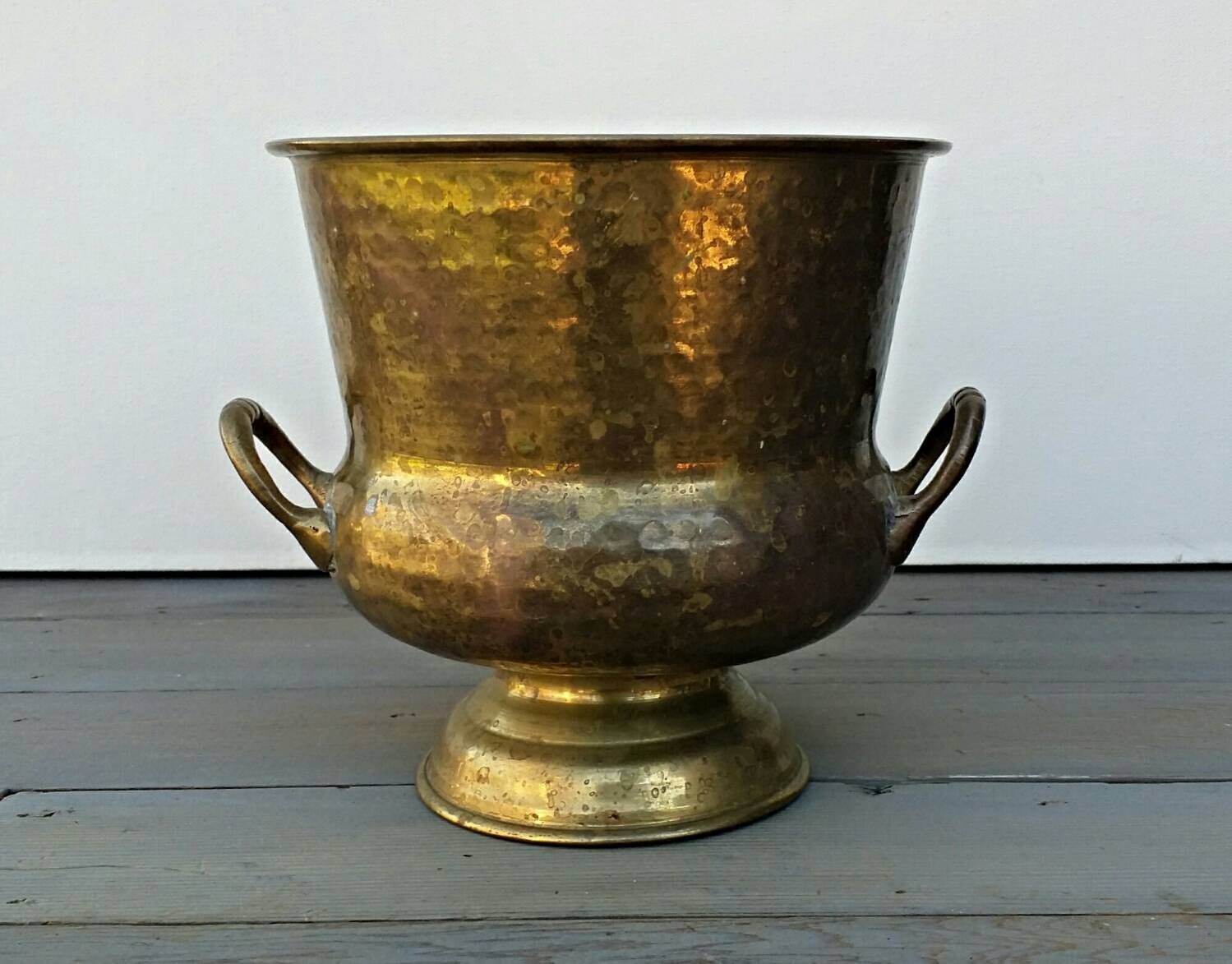Vintage Hammered Brass Urn Vase Footed Two Handled