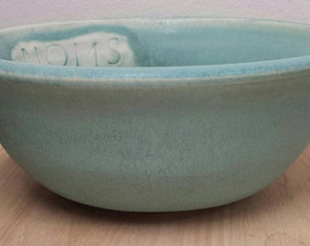 Teal Pottery Serving or Fruit Bowl with funny silly quote "Noms" // Salad Bowl // Handmade Dinnerware // Turqouise Pottery // Noms Bowl