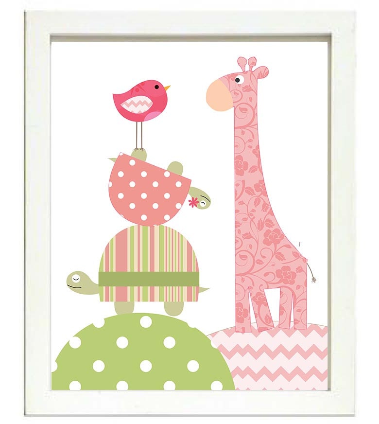 Turtle Giraffe Bird Nursery Art Nursery Print Baby Art Animal Pink Yellow Green Polka Dots Chevron S