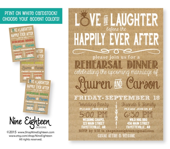 Rehearsal Dinner Invitation. Love And Laughter before the Happily Ever After.  Custom PRINTABLE PDF invitation.  I design, you print.