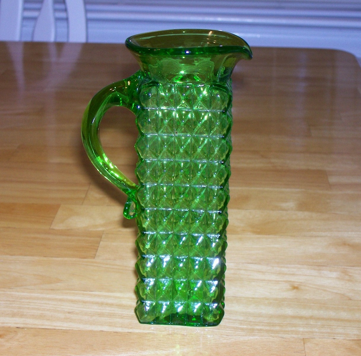 Vintage Green Glass Small Pitcher Square 6 Inches Tall Diamond 7279