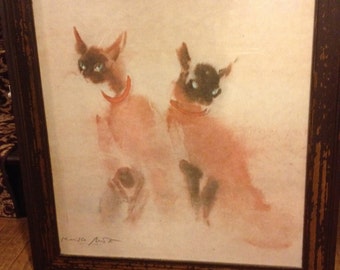 Signed Siamese Cats By Kaiko Moti Offset Lithograph