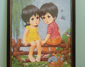 Lee Eden Big Eyed Kids Print in Black Frame Cute Picnic Bluebirds Willow Tree Valentine's Gift