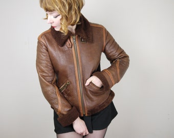 70s brown FLYING jacket leather and SHEEPSKIN aviator airforce style ...