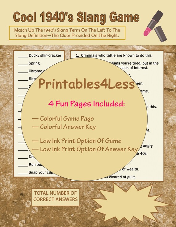 Dinner Party Games Ideas Part - 21: 1940s Slang Game, 1940s Party Ideas, 1940s Party Games, Party Group Games, Dinner Party Games, Brain Teaser Games - By Printables 4 Less