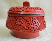 Vintage asian carved trinket jar // Cinnabar jar // red natural mineral jar// red Asian jar