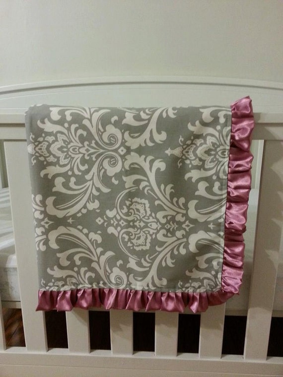 Grey Damask Baby Ruffled Blanket/Play Mat/Changing Pad Backed
