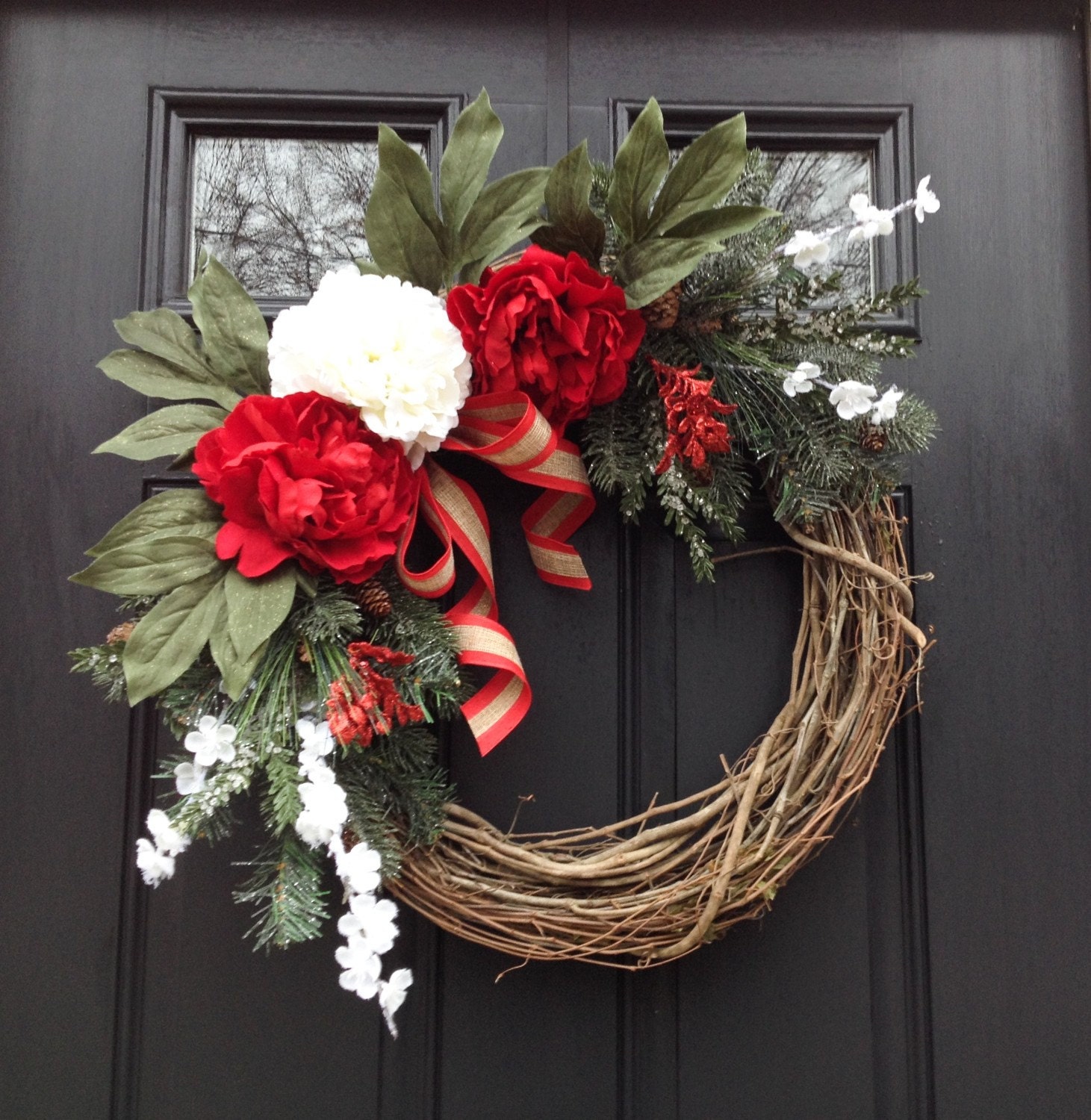 Winter Wreath- Christmas Wreath- Peony Christmas Wreath- Grapevine Christmas Wreath- Wreath For Christmas