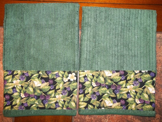  Dark  Green  Kitchen  Hand Towel Set  With Purple Berries With Pot