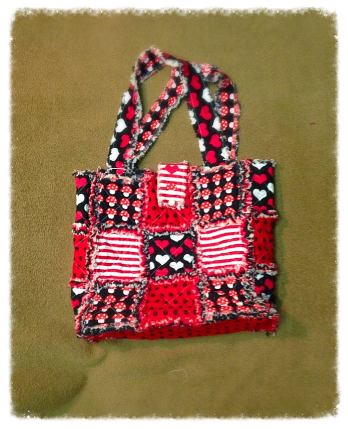 Bright Red/Black Quilted Rag Bag Tote Displaying Mushrooms