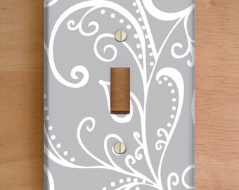 Silent Era, Gray Vinyl Light Switch Cover, Outlet Cover, Wallplate, Home Decor, Swirls, Gray and White, Gray Home Decor, Swirls