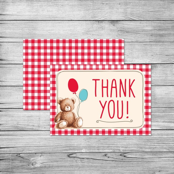 Teddy Bears Picnic Red Gingham thank you card / by PixelpopShop