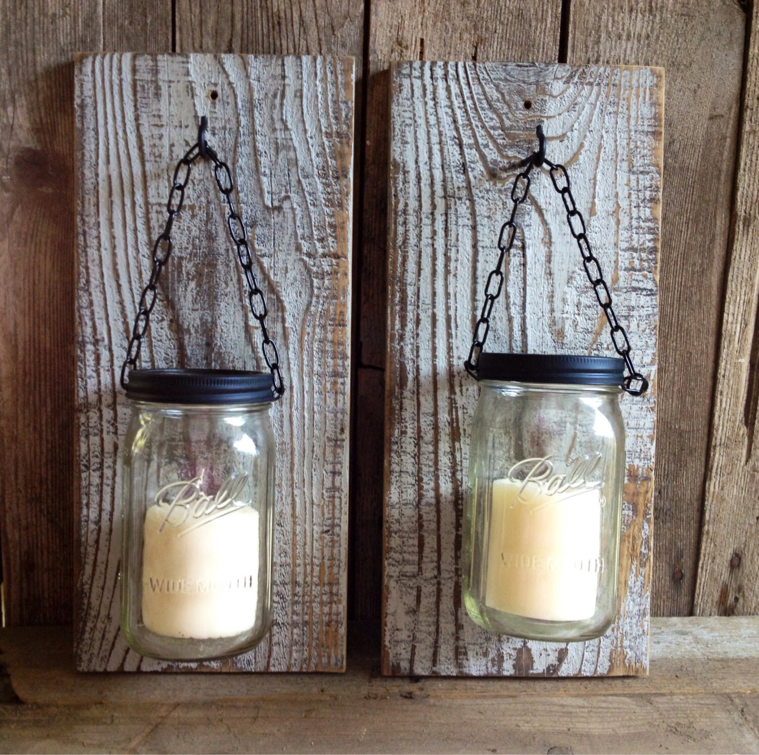 Large gray barn wood mason jar candle holders SET OF TWO.