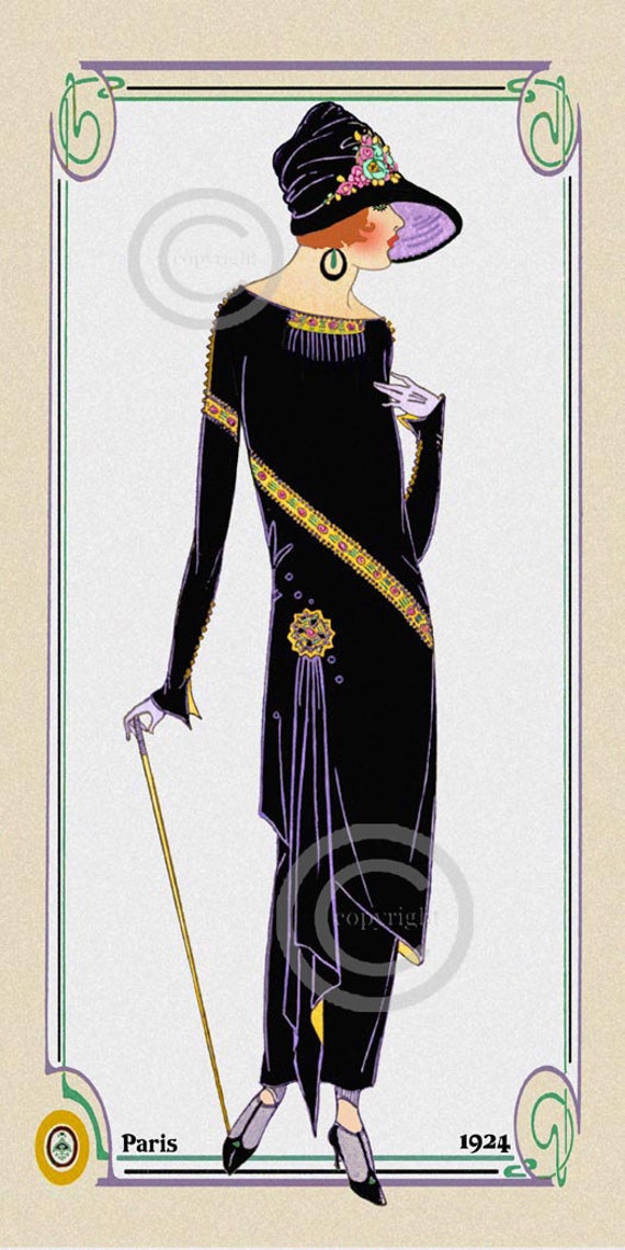 Art Deco Paris Fashion Print Flapper style lady dressed in