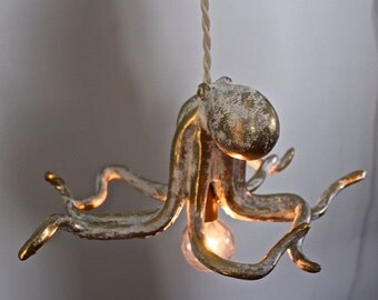 Octopus Beach Cottage Pendant Light Faux Taxidermy Gold White Whimsical Hanging Lamp Modern Nautical Kid's Shabby Sea HARDWIRE-MySecretLite