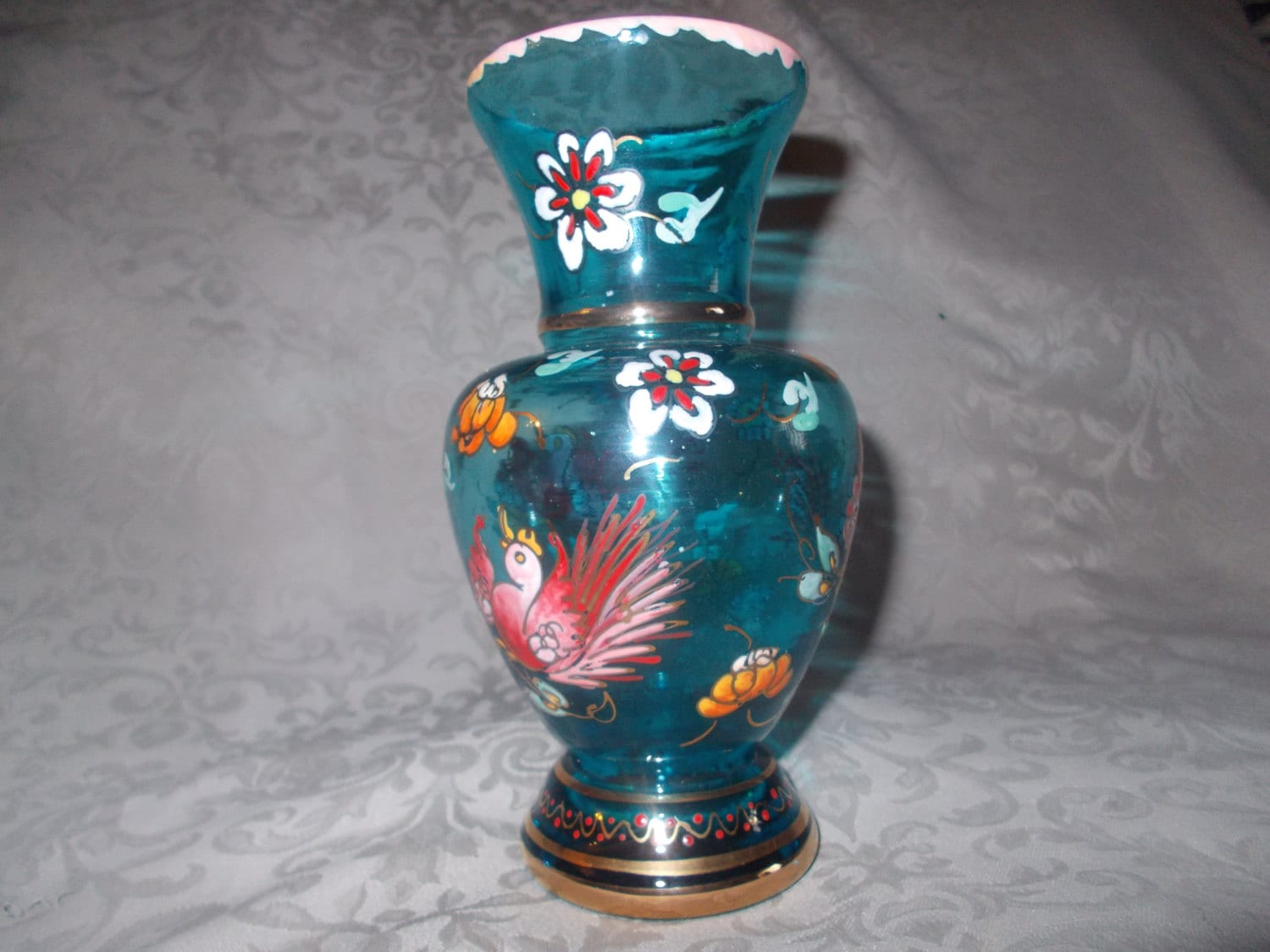 Vintage Peacock and Floral Vase by Chancees on Etsy