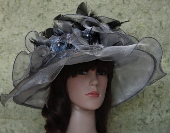 A Dark Silver Grey Organza Church Hat With RuffleFlowers And